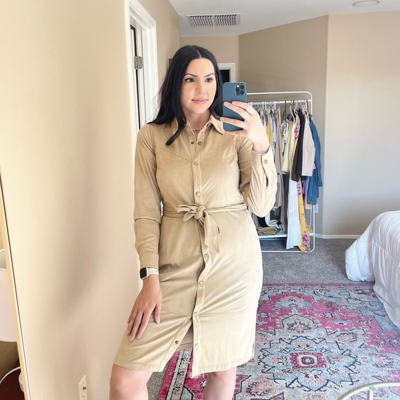 Denim & Co - Canyon Retreat Tan Suede Long Sleeve Dress - Picture 1 of 13